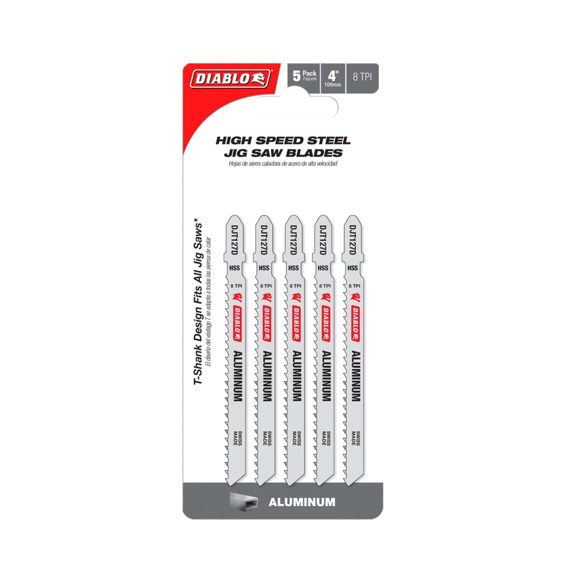 The DIABLO DJT127D5 4-inch 8TPI high-speed steel T-Shank jig saw blades, designed for efficient aluminum cutting, come in a pack of five. The packaging features a predominantly white design with striking red Diablo branding accents.